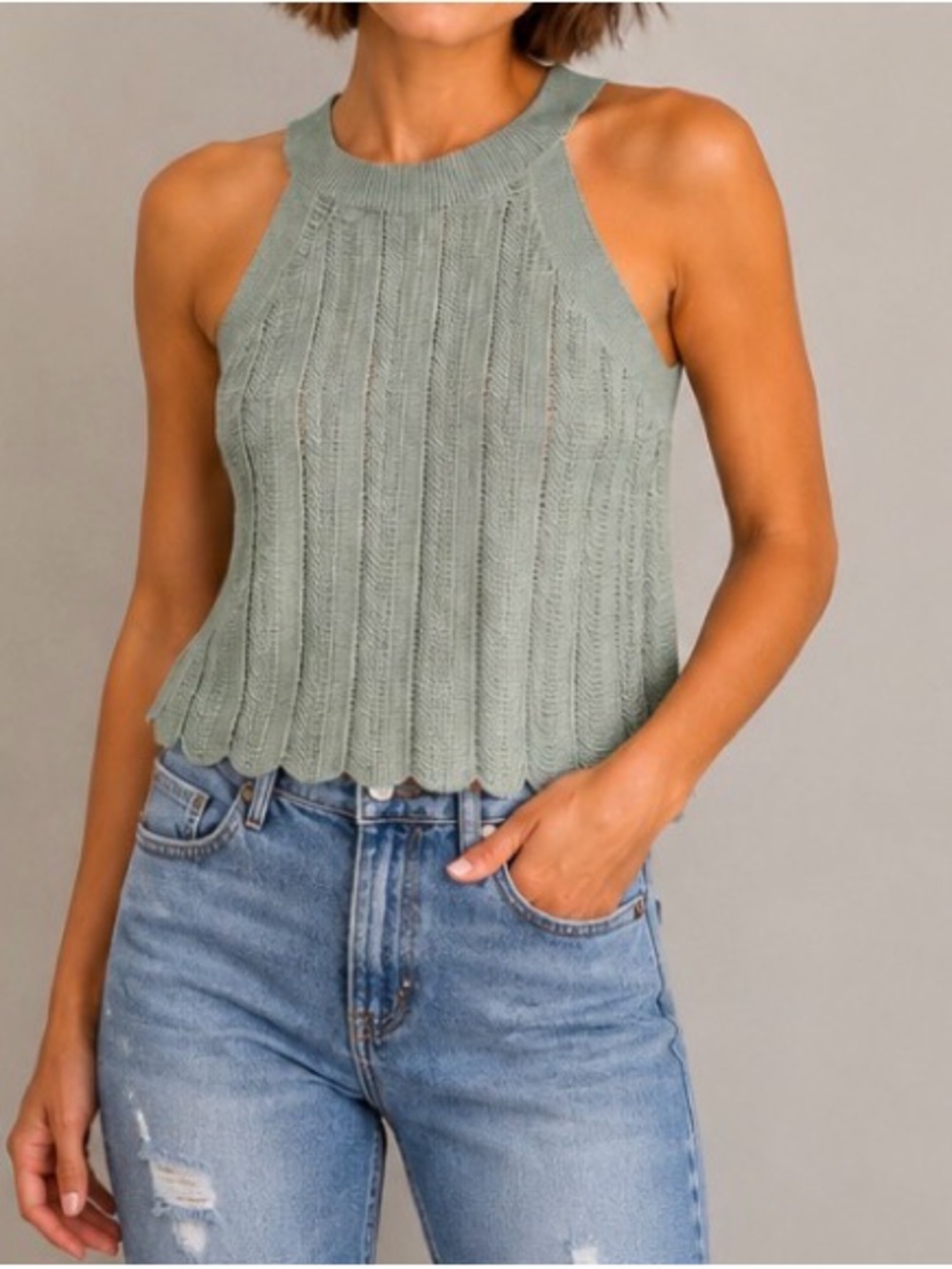 Wilfred Aritzia Knit Tank Top Blouse Sweater Sage  Scalloped Crochet Sleeveless